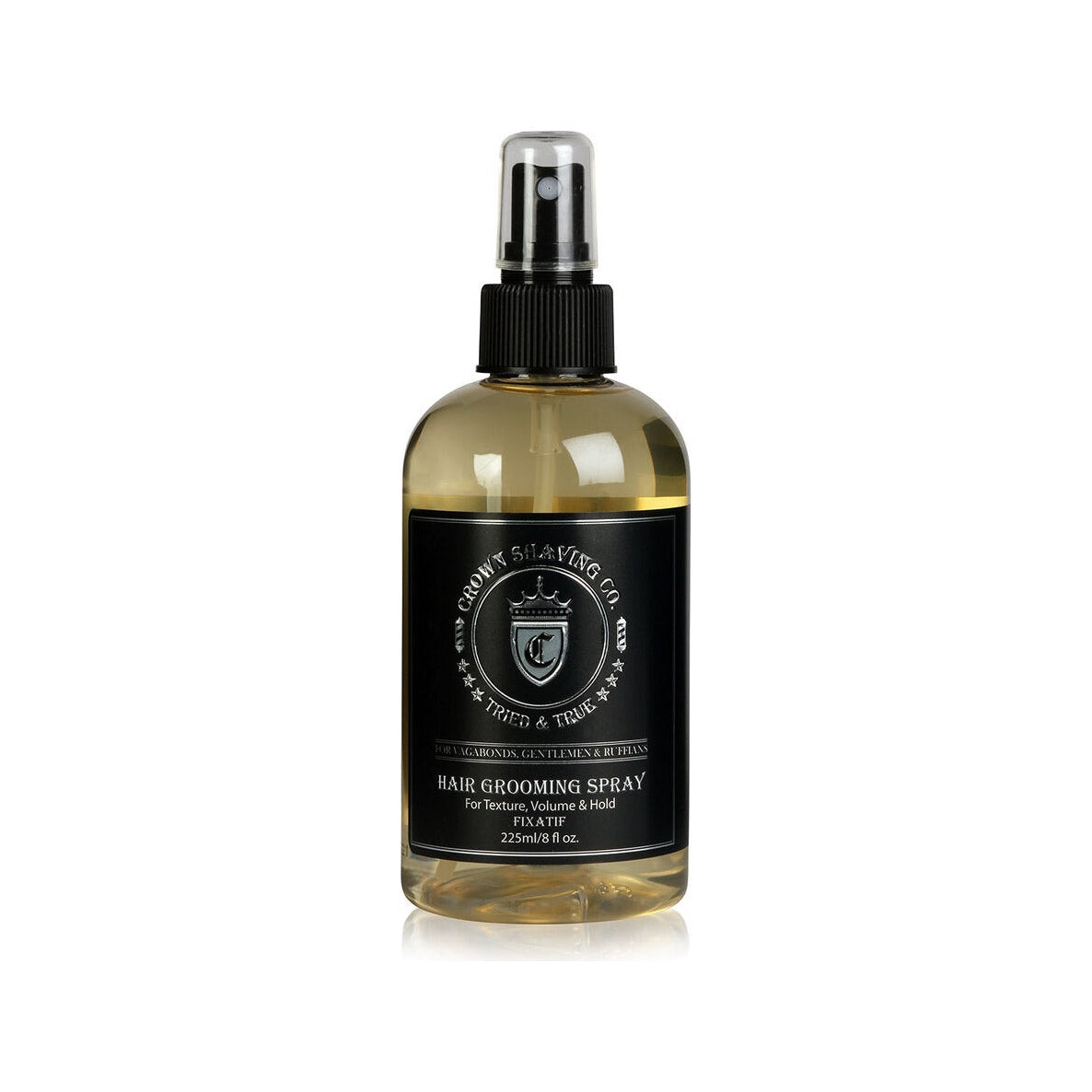 Crown Shaving Co. Grooming Spray - vista frontal de botella con pulverizador y etiqueta negra, 225 ml