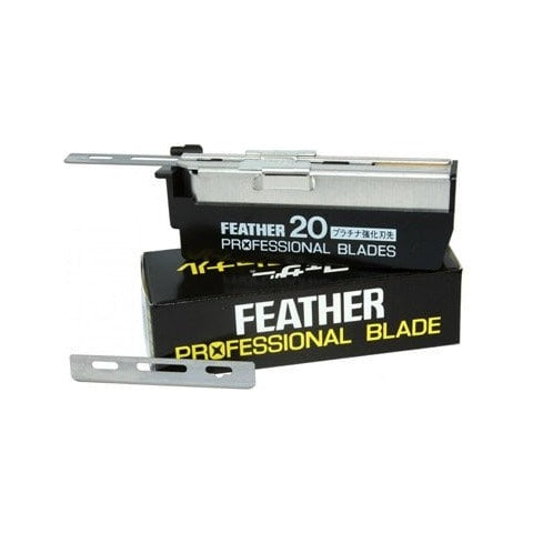 Feather Professional Mesjes 20 stuks - dispenser en doosje, vooraanzicht