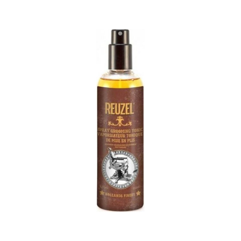 Reuzel Grooming Tonic Spray, bote de spray marrón con logo de barbería, vista frontal