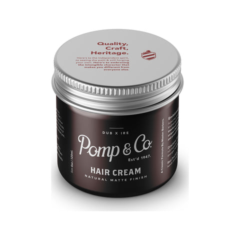 Pomp & Co. Hair Cream, tarro marrón con tapa superior y texto Quality Craft Heritage