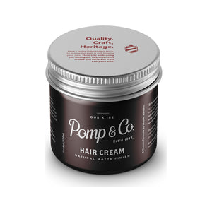 Pomp & Co. Hair Cream, tarro marrón con tapa superior y texto Quality Craft Heritage