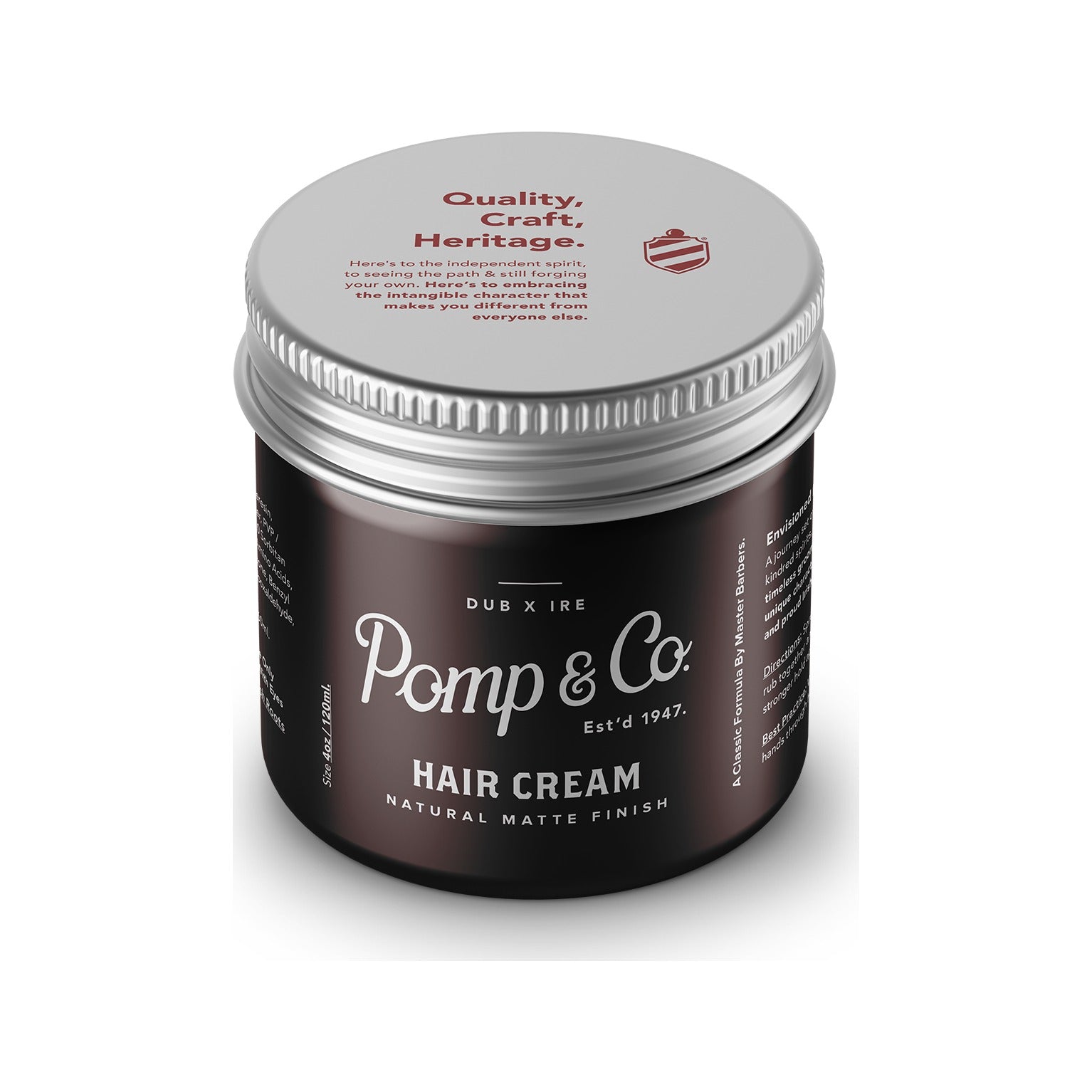 Pomp & Co. Hair Cream, tarro marrón con tapa superior y texto Quality Craft Heritage