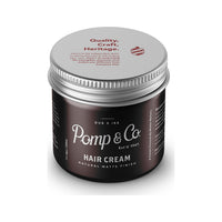 Pomp & Co. Hair Cream, tarro marrón con tapa superior y texto Quality Craft Heritage