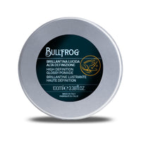 Bullfrog High Definition Pomada brillante, lata de metal vista desde arriba con etiqueta oscura
