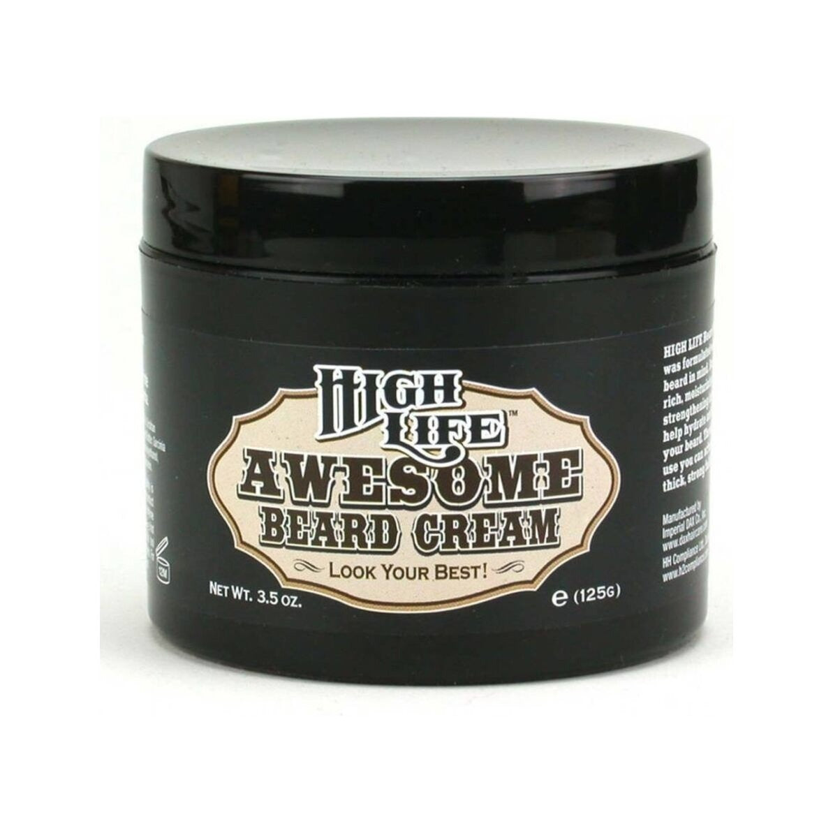 High Life Awesome Beard Cream - vista frontal de tarro negro con etiqueta vintage