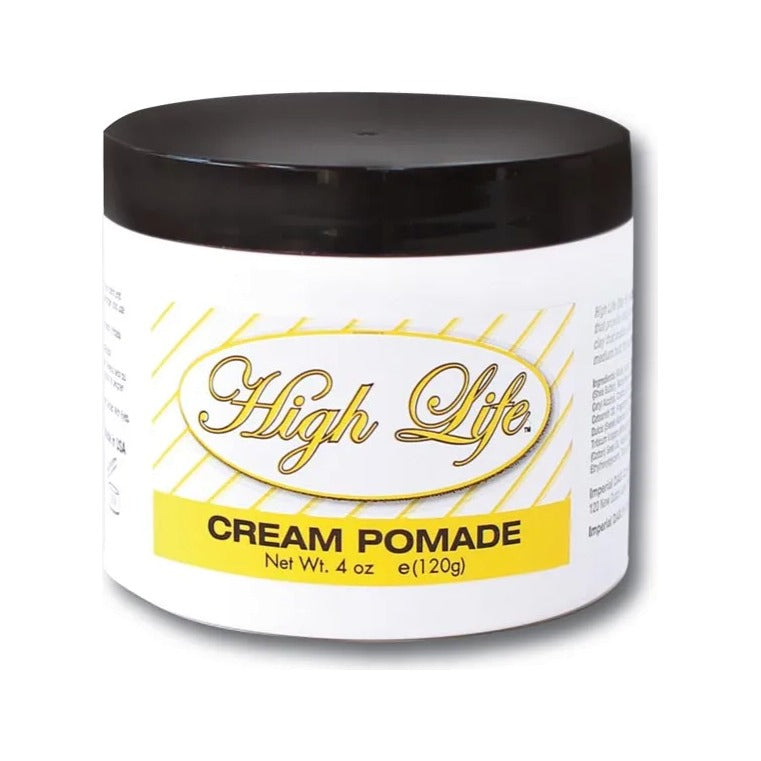 High Life Cream Pomade, tarro blanco con tapa negra y etiqueta amarilla, vista frontal