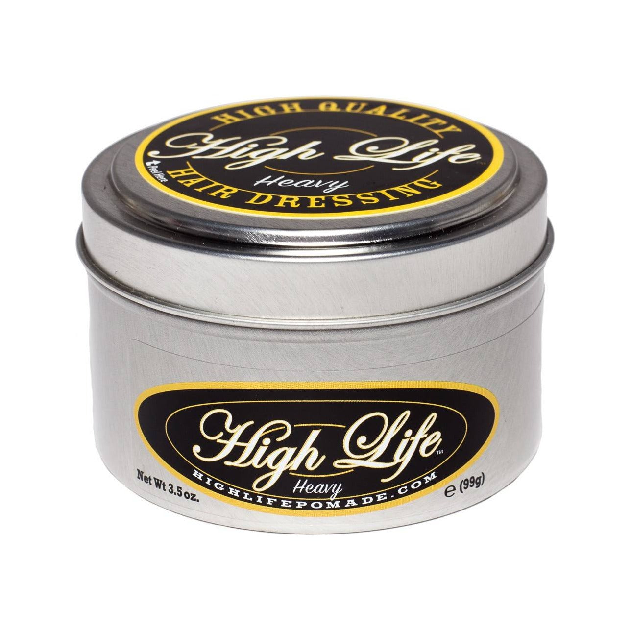 High Life Heavy Pomade, lata de metal con etiqueta negra y dorada, vista frontal