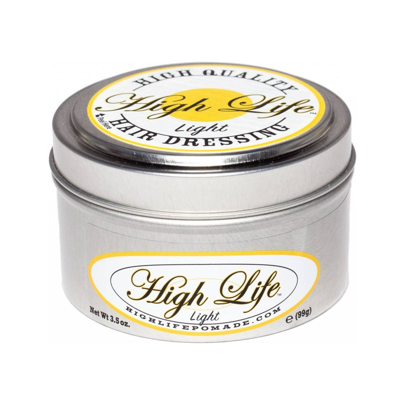 High Life Light Pomade, lata de metal con etiqueta amarilla y blanca, vista frontal