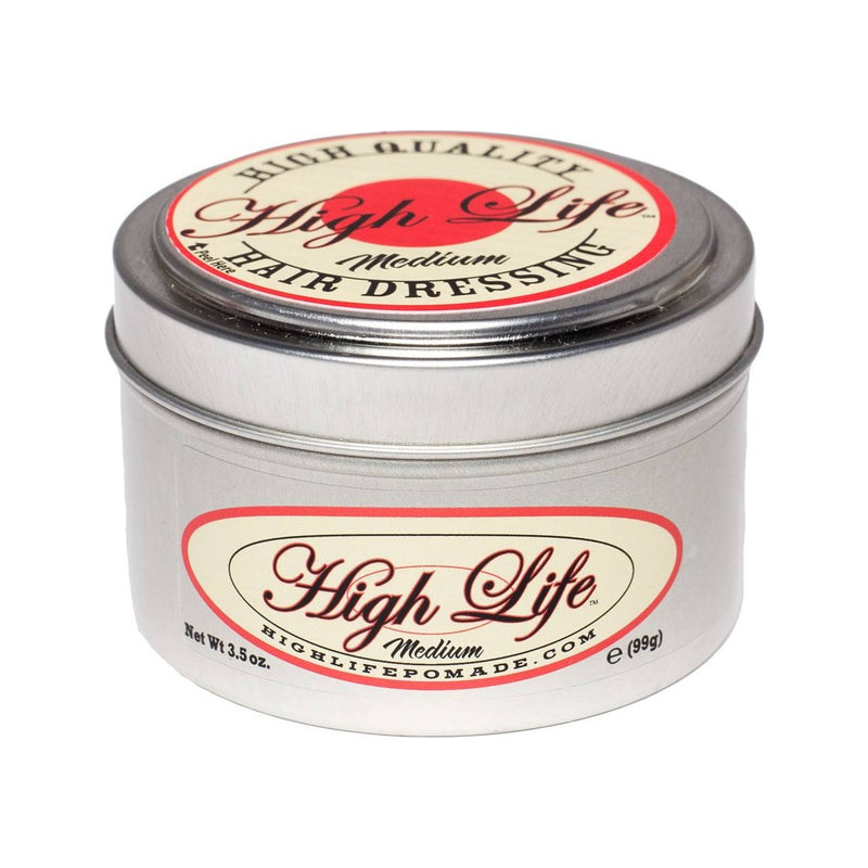 High Life Medium Pomade, lata de metal con etiqueta roja y blanca, vista frontal