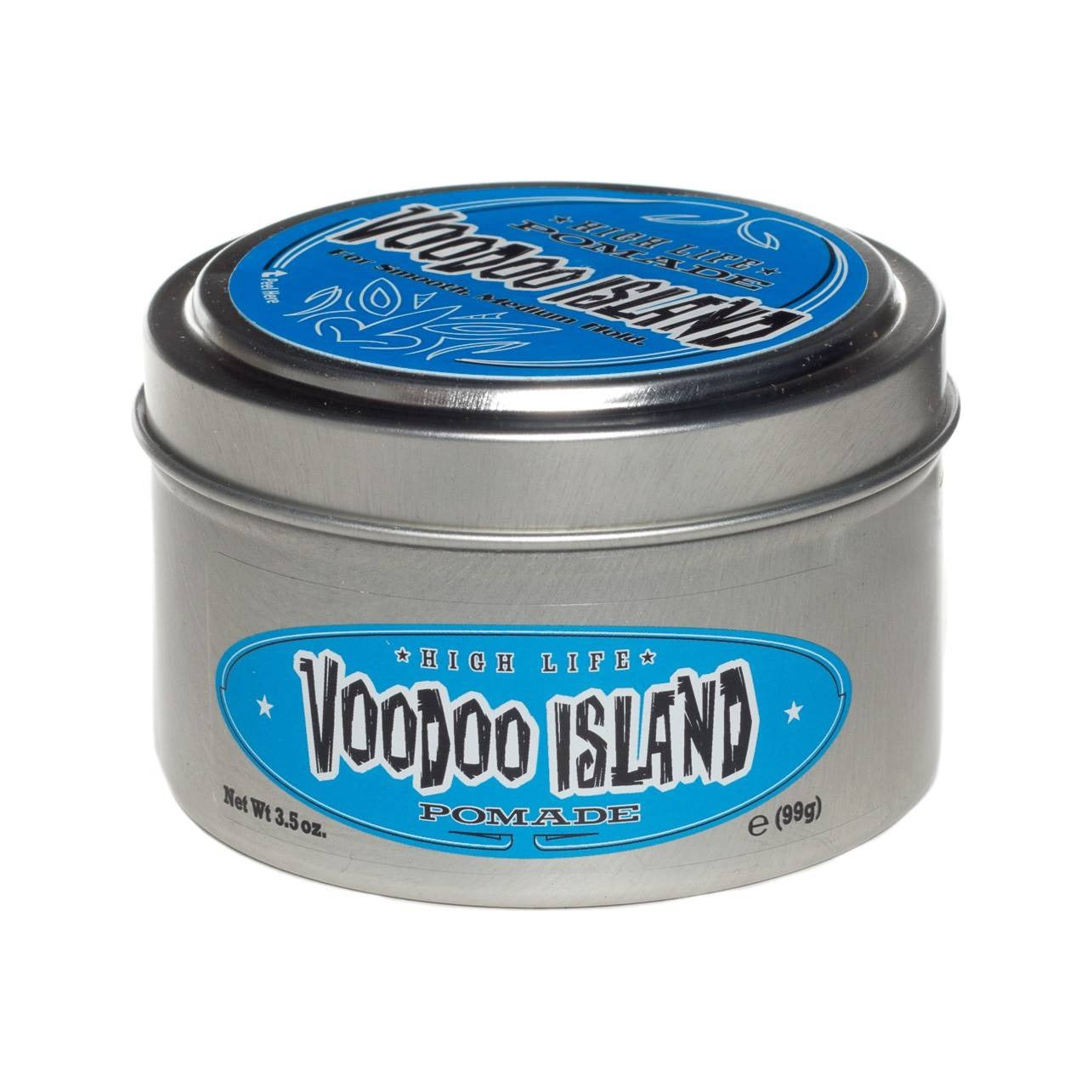 High Life Voodoo Island Pomade, lata azul con tapa, vista frontal 99g