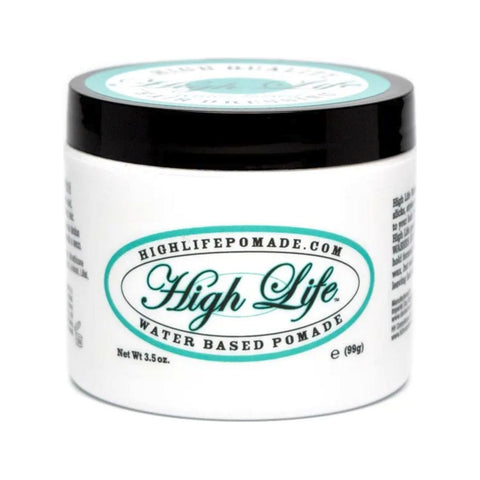 High Life Water Based Pomade - vista frontal de tarro blanco con logo ovalado verde