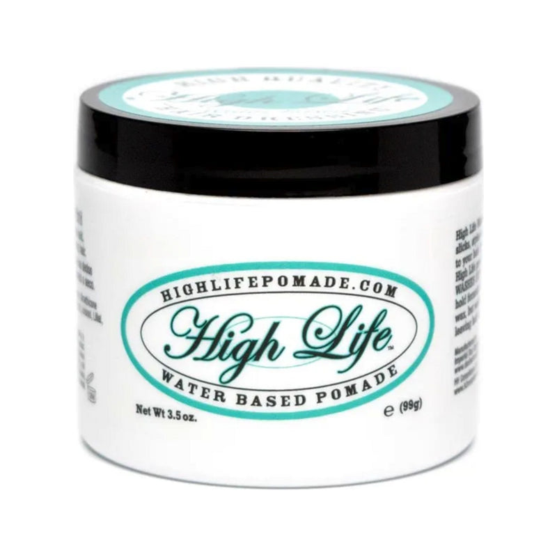High Life Water Based Pomade - vista frontal de tarro blanco con logo ovalado verde