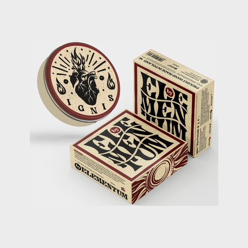 By Elementum Ignis Pomada a base de aceite, tarro con logo de corazón junto a dos cajas de embalaje