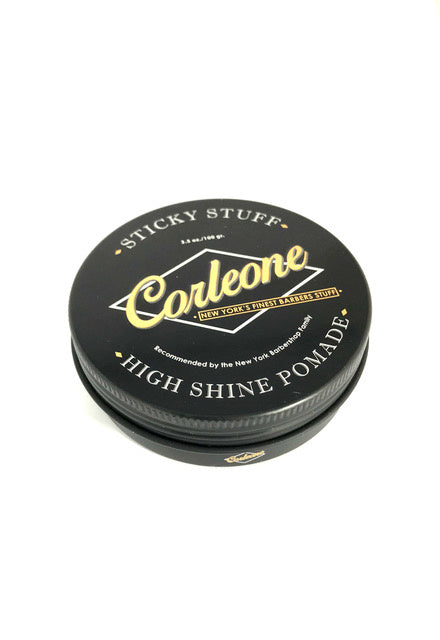 Corleone High Shine Pomada, tarro negro con logo dorado, vista superior de la tapa