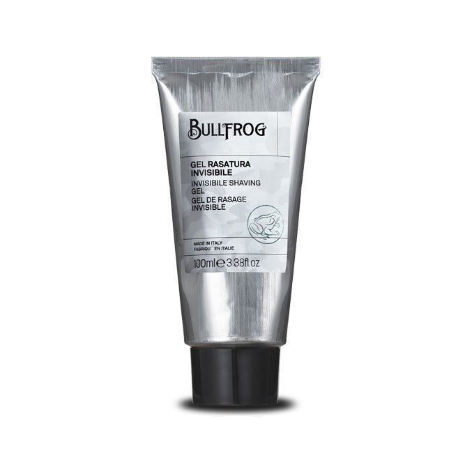 Bullfrog Invisible Shaving Gel, vista frontal del tubo plateado con etiqueta