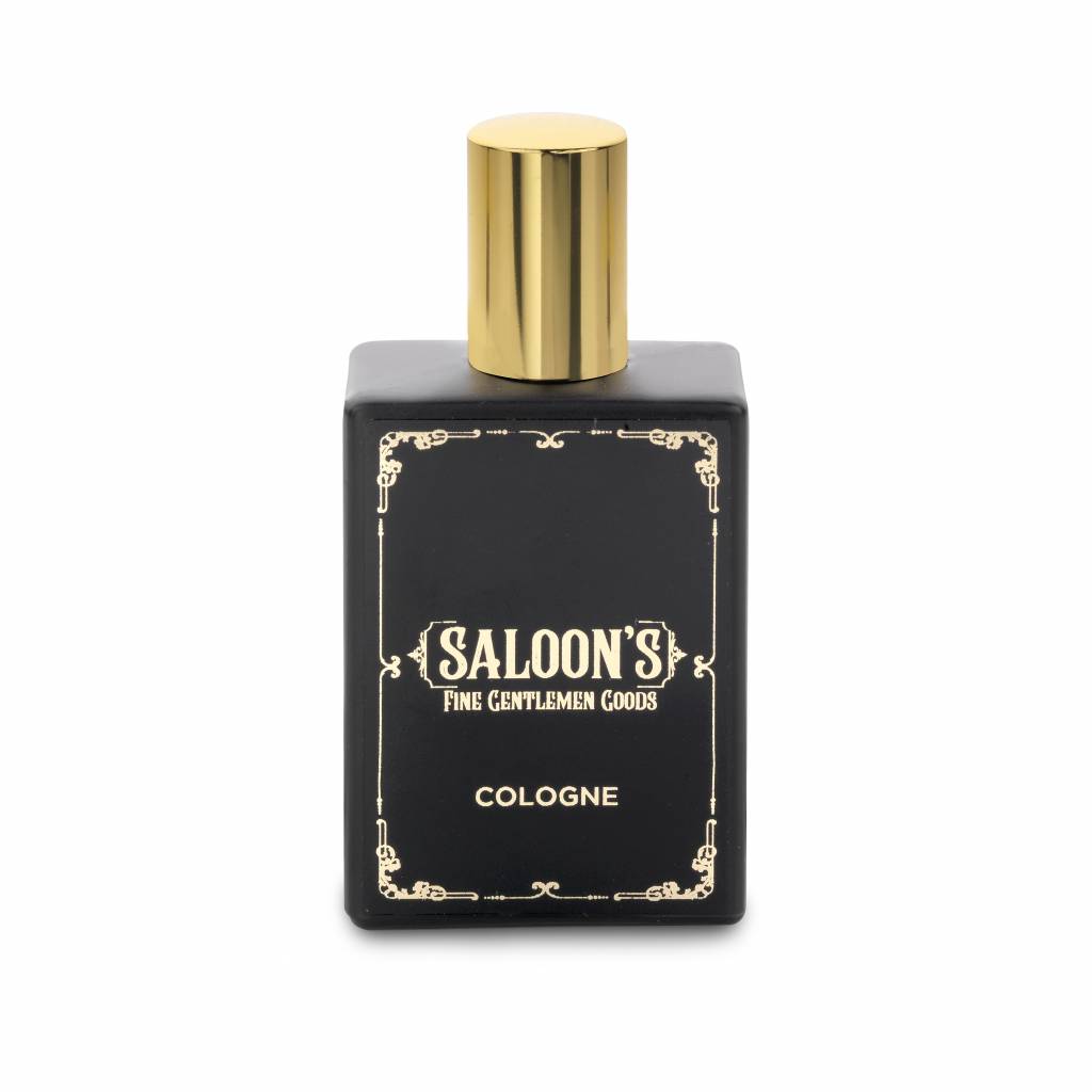 Saloon's Cologne, botella negra con tapón dorado y borde decorativo, vista frontal