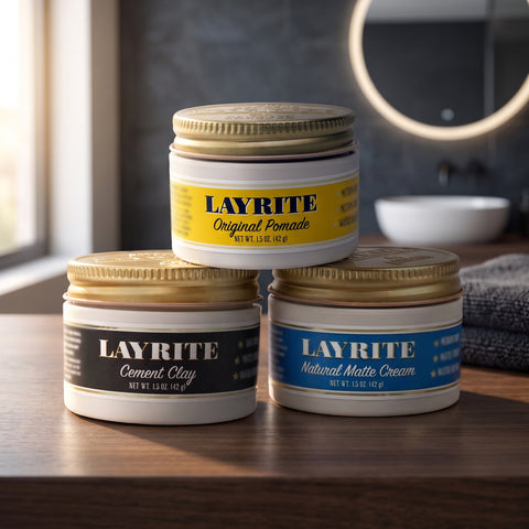 Trío de prueba Layrite, el set completo sobre una encimera de madera