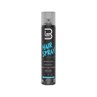 Level3 Hair Spray - vista frontal de bote de spray negro con etiqueta, estudio blanco
