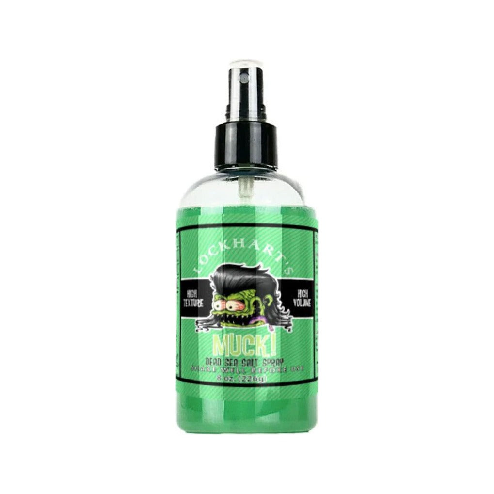 Lockhart's Dead Sea Salt Spray, botella de spray verde Mucki con vista frontal de la etiqueta