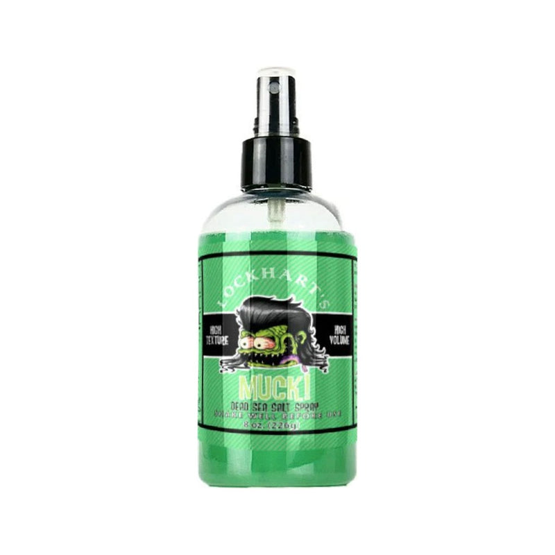Lockhart's Dead Sea Salt Spray, botella de spray verde Mucki con vista frontal de la etiqueta