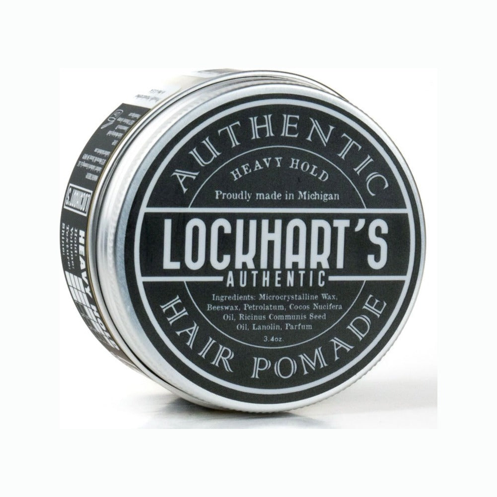 Lockhart's Heavy Hold Pomade, lata plateada con etiqueta negra, vista inclinada