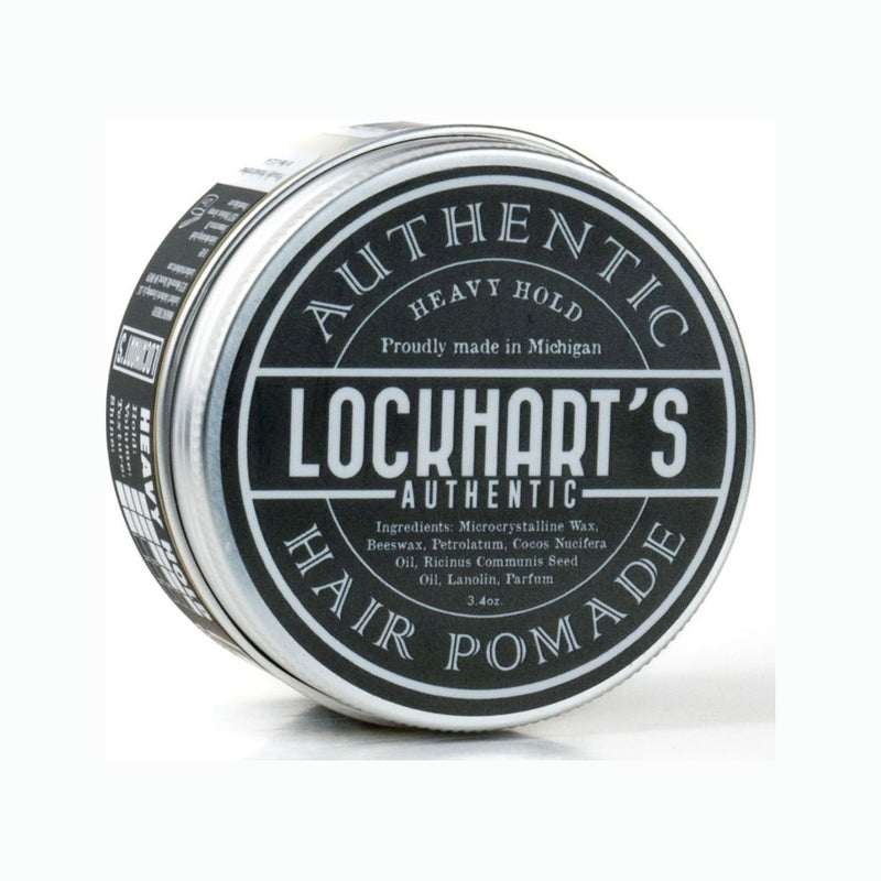 Lockhart's Heavy Hold Pomade, lata plateada con etiqueta negra, vista inclinada