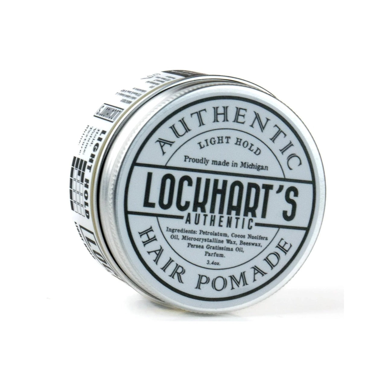 Lockhart's Light Hold Pomade, lata tumbada con etiqueta en la tapa y lista de ingredientes
