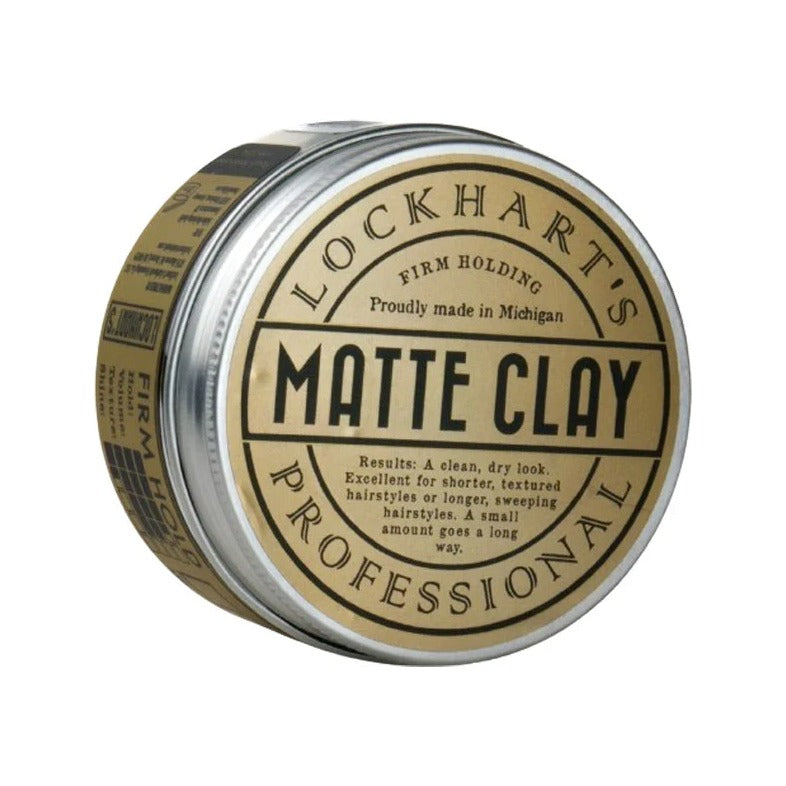 Lockhart's Matte Clay 96gr, lata plateada con etiqueta marrón, vista inclinada