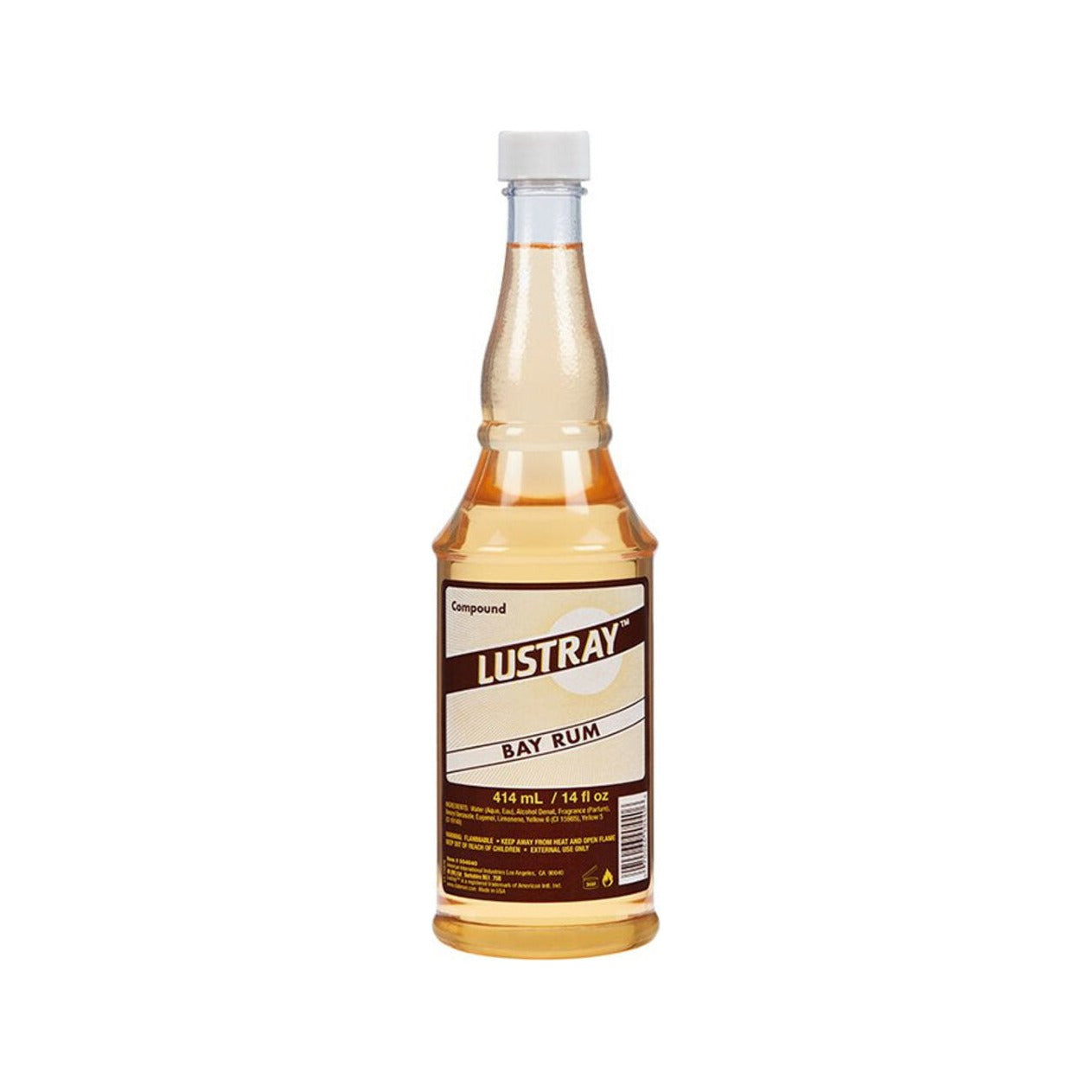 Lustray Aftershave - vista frontal de botella de color ámbar Bay Rum sobre fondo blanco
