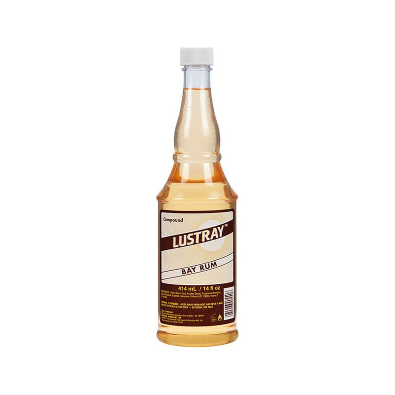 Lustray Aftershave - vista frontal de botella de color ámbar Bay Rum sobre fondo blanco