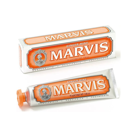 Marvis Ginger Mint - tubo naranja junto a su caja, vista frontal con etiqueta