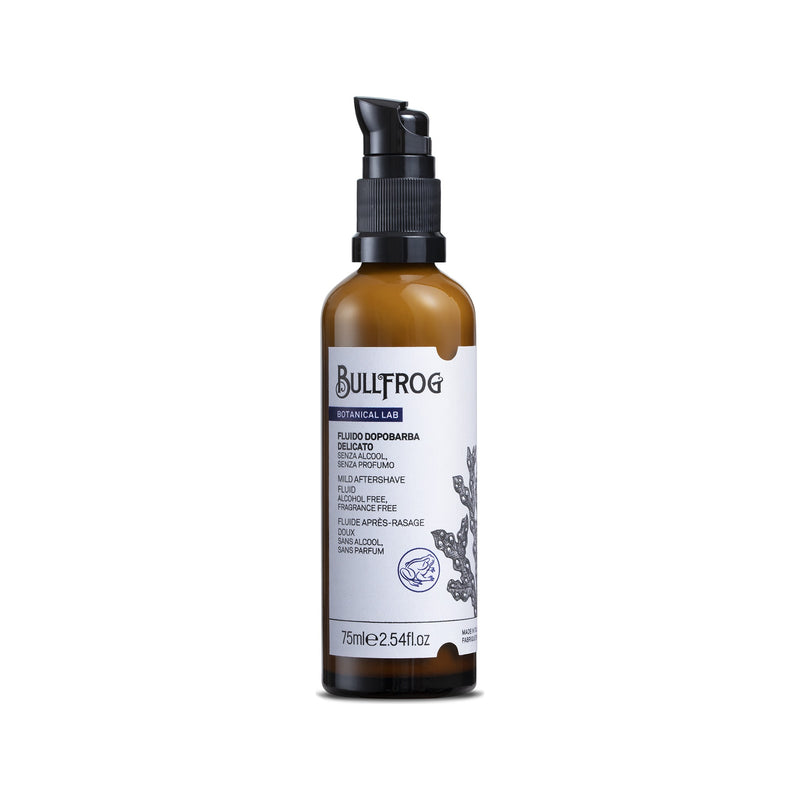 Bullfrog Mild Aftershave Fluid, vista frontal del frasco de color ámbar con dispensador