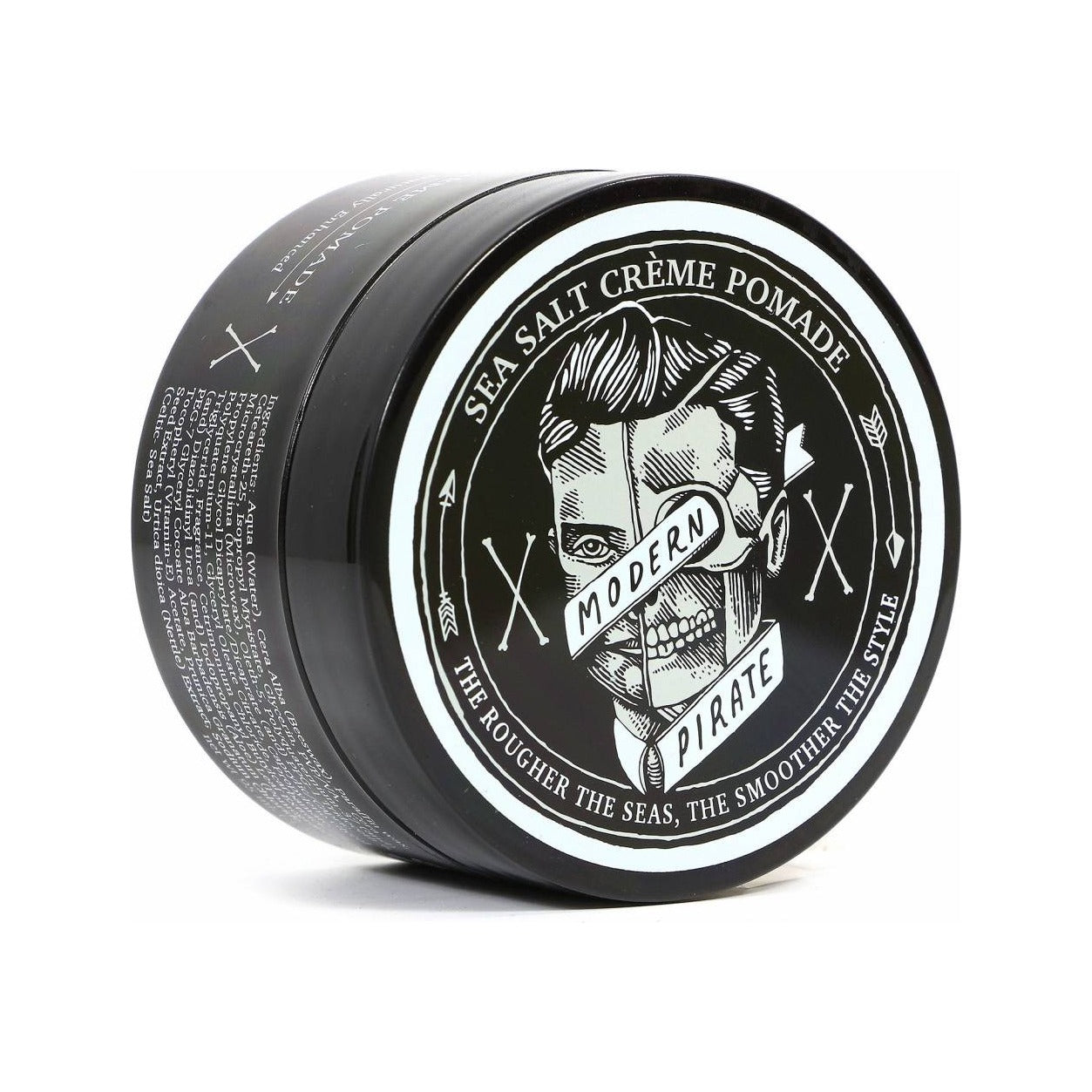 Modern Pirate Sea Salt Creme Pomade, tarro negro, tapa con logo de pirata