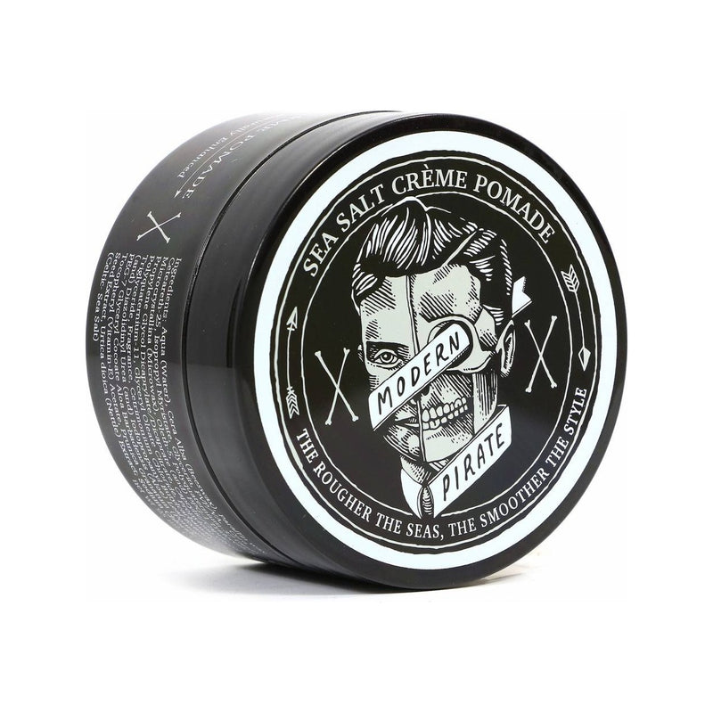 Modern Pirate Sea Salt Creme Pomade, tarro negro, tapa con logo de pirata