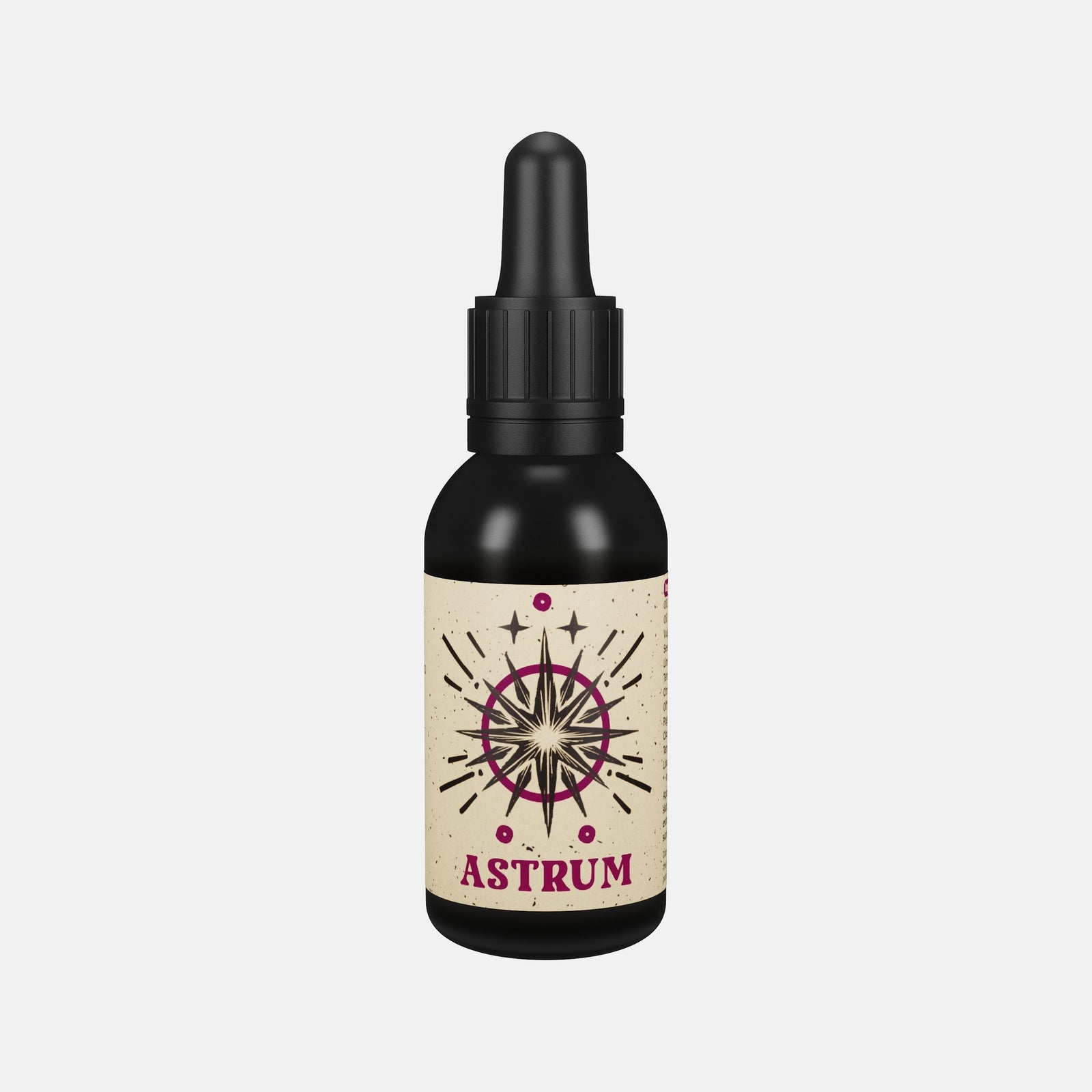 By Elementum Mollis Astrum Beard Oil, vista frontal del frasco negro con pipeta y etiqueta de estrellas