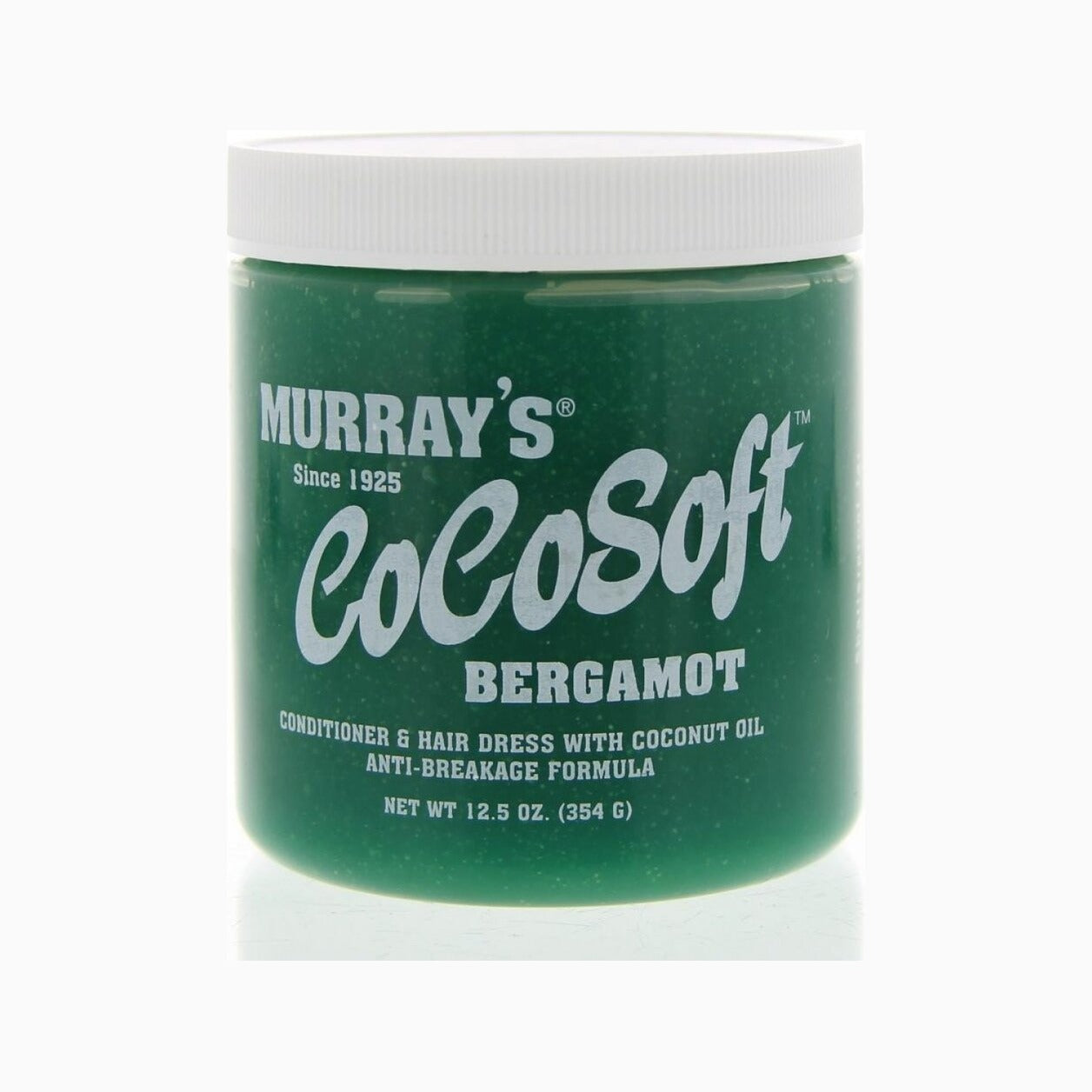 Murrays Cocosoft Bergamot - vista frontal de tarro verde sobre fondo blanco