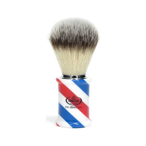 Omega Hi-Brush Barber Pole Scheerkwast - kwast met rood-wit-blauw gestreept handvat, vooraanzicht