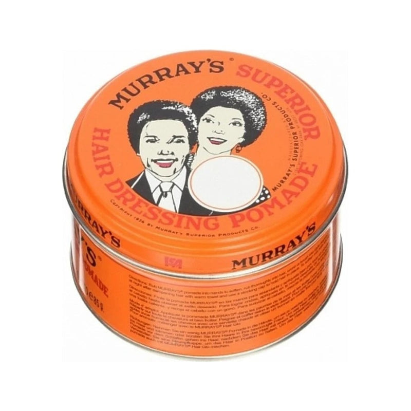 Murray's Original Pomade, lata naranja desde arriba con texto en la etiqueta