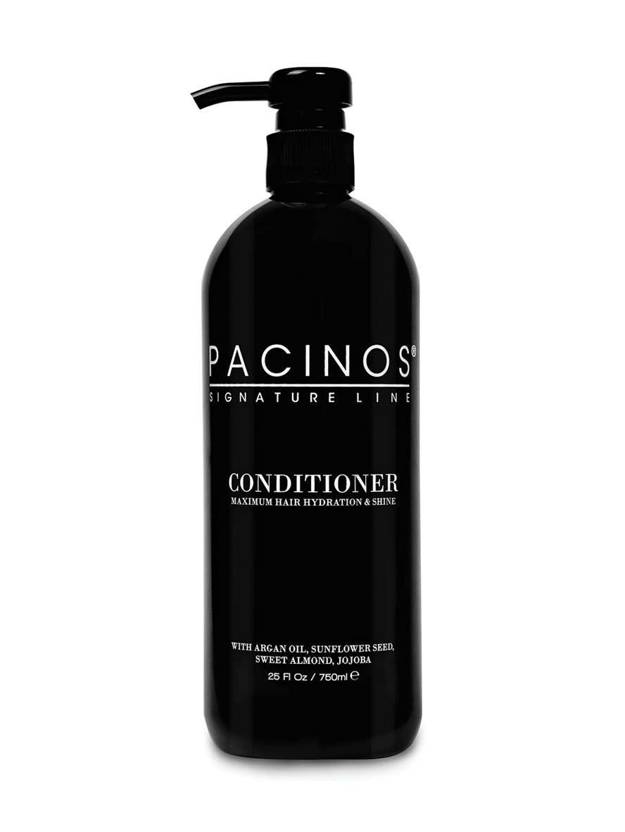 Pacinos Conditioner, botella negra con dispensador de 750 ml, vista frontal con etiqueta