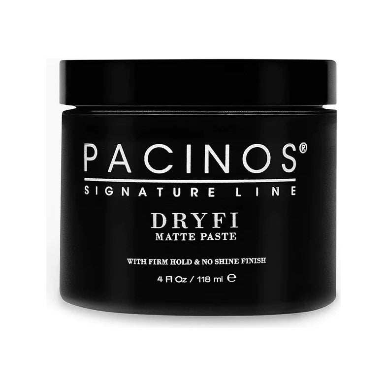Pacinos Dryfi Pasta mate, tarro negro cerrado de 118 ml, vista frontal de la etiqueta