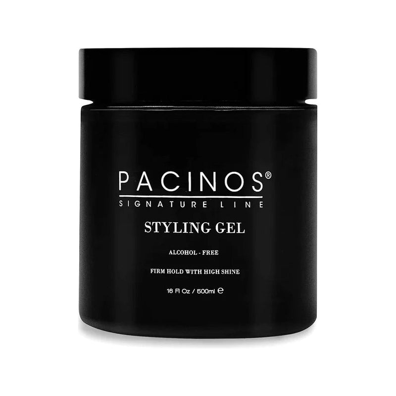 Pacinos Styling Gel, tarro negro cerrado de 500 ml, vista frontal de la etiqueta
