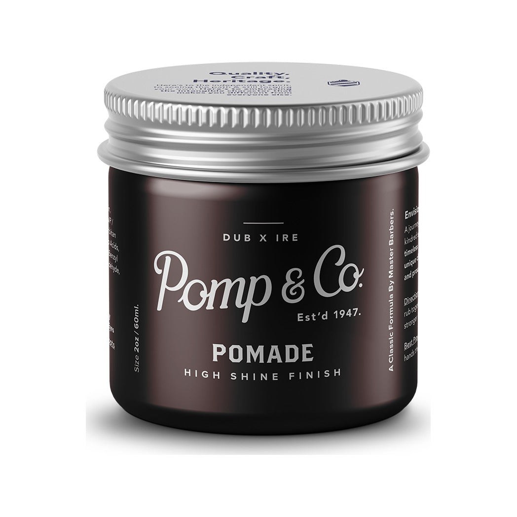 Pomp & Co. Pomada, vista frontal del tarro cerrado con tapa plateada