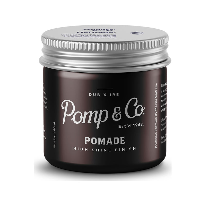 Pomp & Co. Pomada, vista frontal del tarro cerrado con tapa plateada