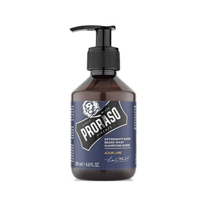 Proraso Champú para barba Azur Lime - vista frontal de botella marrón con dosificador y etiqueta azul