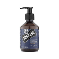 Proraso Champú para barba Azur Lime - vista frontal de botella marrón con dosificador y etiqueta azul