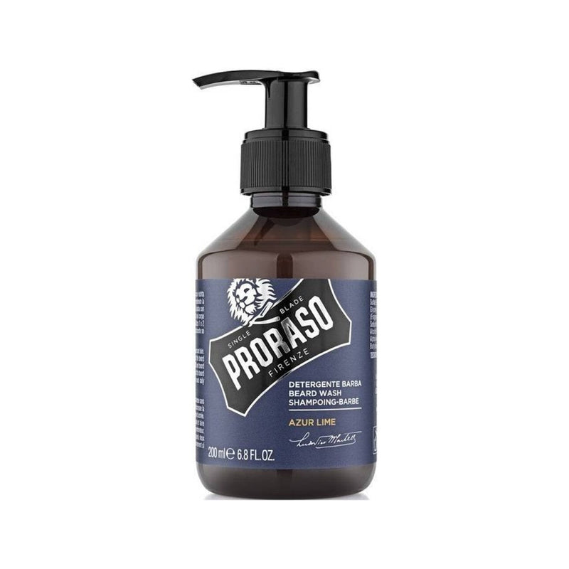Proraso Champú para barba Azur Lime - vista frontal de botella marrón con dosificador y etiqueta azul