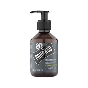 Proraso Champú para barba Cypress & Vetyver - vista frontal de botella marrón con dosificador y etiqueta gris