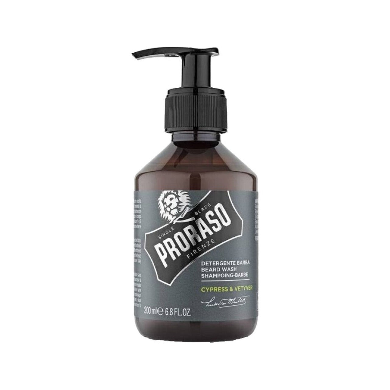 Proraso Champú para barba Cypress & Vetyver - vista frontal de botella marrón con dosificador y etiqueta gris
