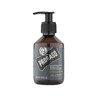 Proraso Champú para barba Cypress & Vetyver - vista frontal de botella marrón con dosificador y etiqueta gris
