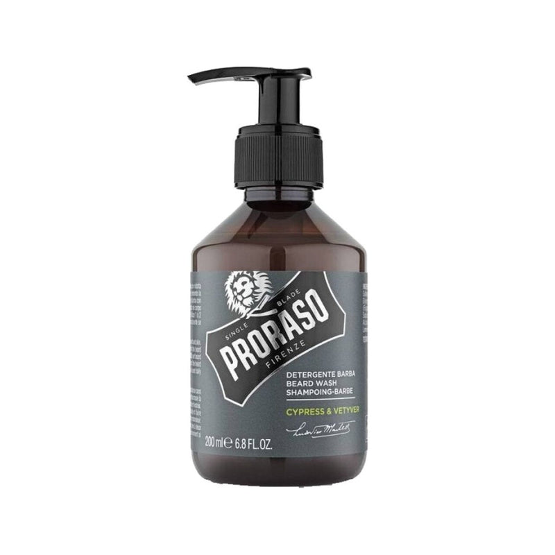 Proraso Champú para barba Cypress & Vetyver - vista frontal de botella marrón con dosificador y etiqueta gris